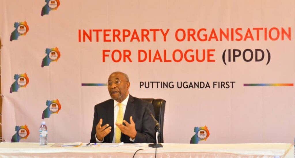 Left to right: DP President general Nobert Mao, Jeema President Asuman Basalirwa, NRM national chairman Mr Museveni and UPC Faction president Mr. Jimmy Akena at the IPOD Leaders' Summit last December.